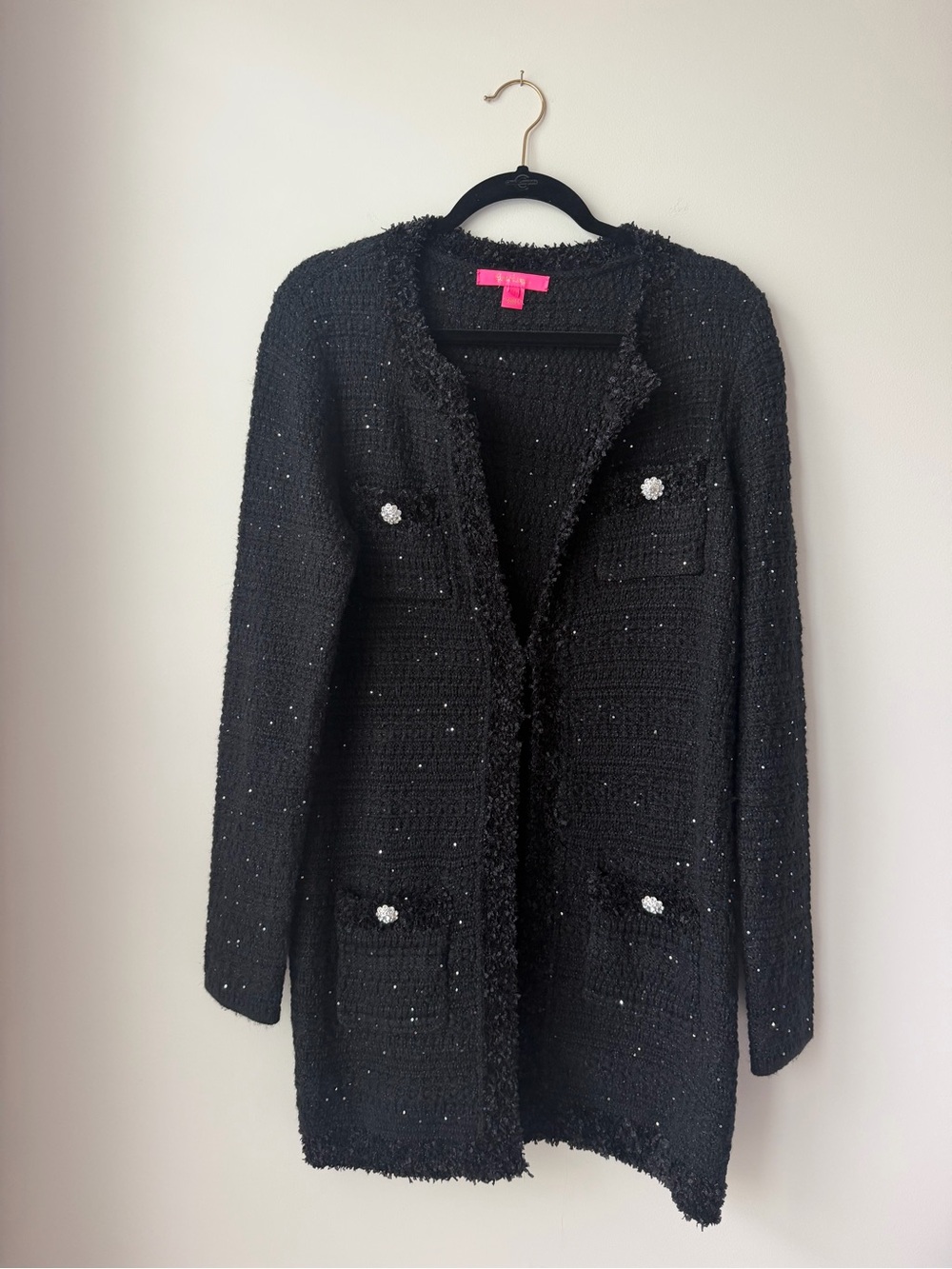 Lilly Pulitzer Black Tweed Long Open-Front Blazer with Crystal Buttons